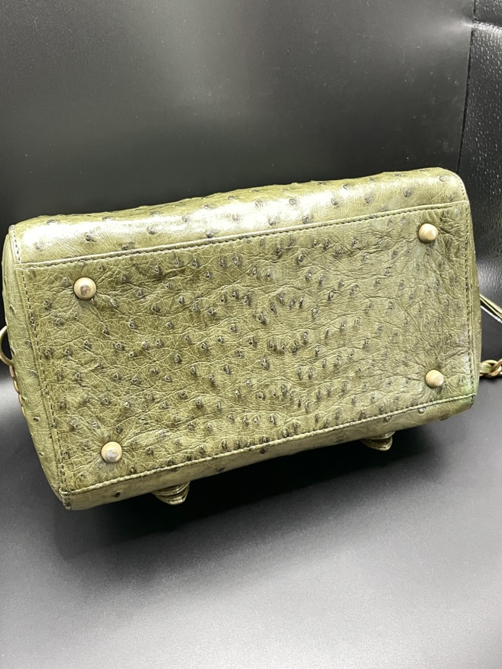Vintage SMK Faux Ostrich Leather Olive Green Box Purse Handbag Cosmetic Case - Picture 3 of 15